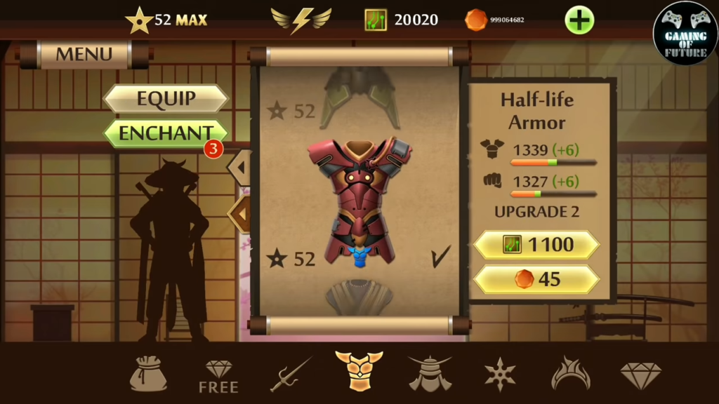 Image with different feature of game like maximum levels, armor suit and coins. 