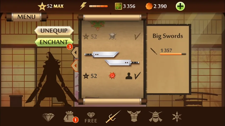 Game with unlocked weapons, coins,  and swords. 